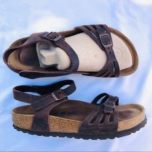 Birkenstock Bali Sandals, Soft Footbed Oiled Leather Habana, size 36, Brown.